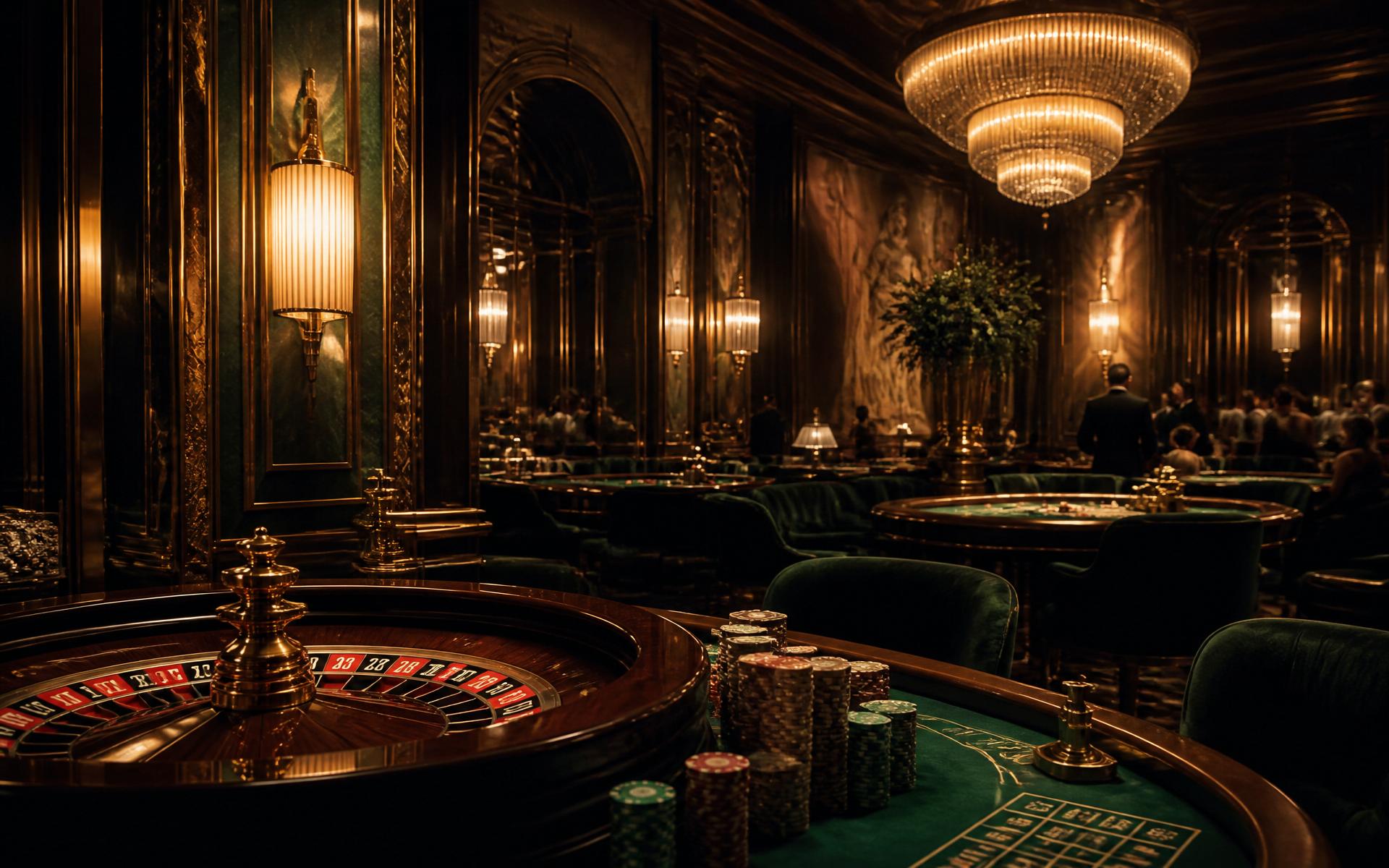 Emerald and brass casino interior with roulette wheel